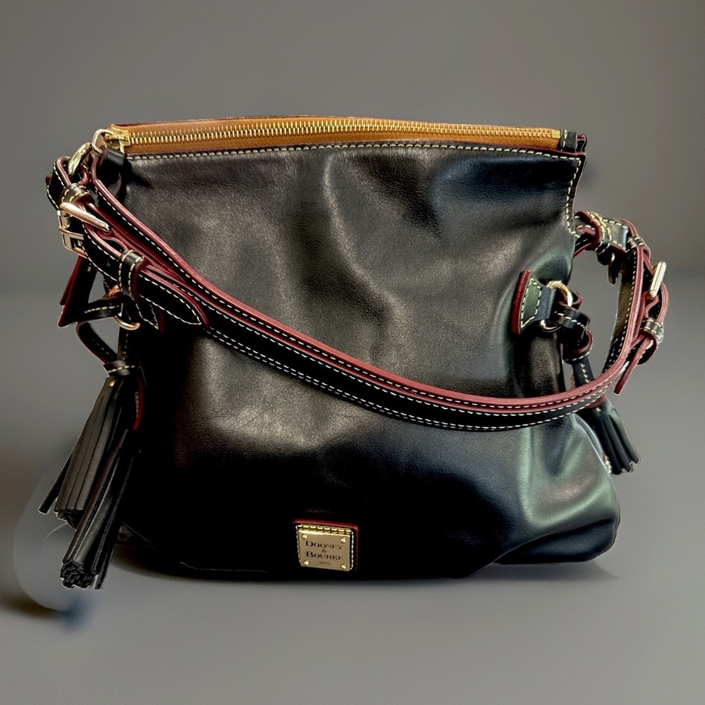 Dooney & Bourke Medium Florentine Leather Zip Hobo Handbag Black Tassel Purse